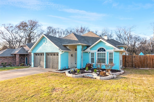 view of front of home featuring a garage, fence, driveway, a chimney, and a front yard