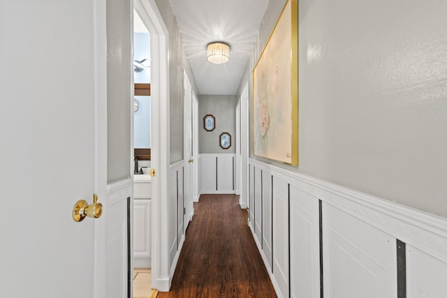 hallway with a wainscoted wall, dark wood-type flooring, and a decorative wall