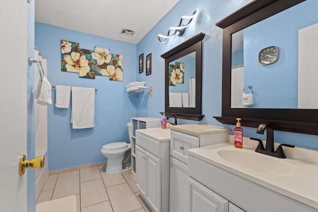 bathroom with baseboards, visible vents, vanity, and toilet