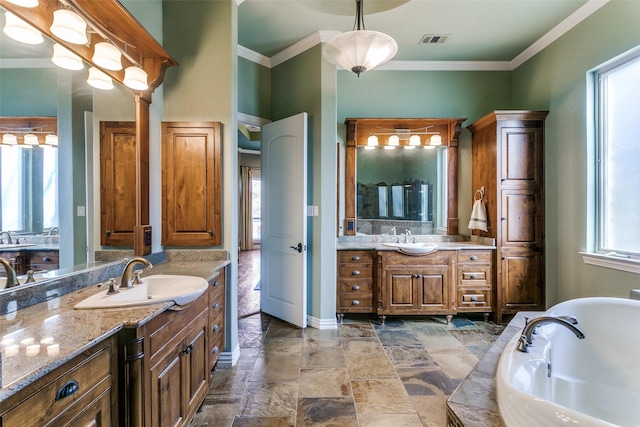 bathroom with ornamental molding, a sink, and visible vents