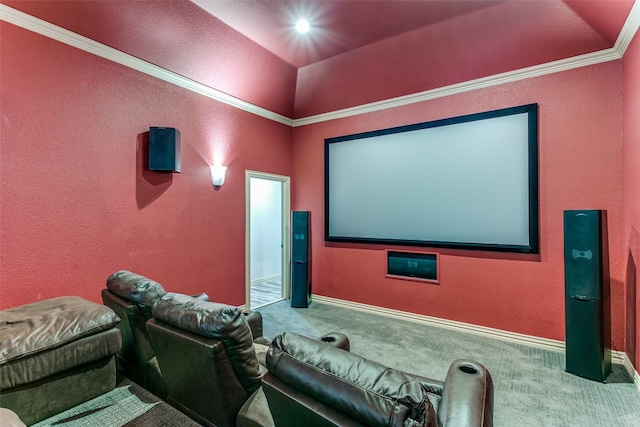 carpeted home theater featuring crown molding and baseboards