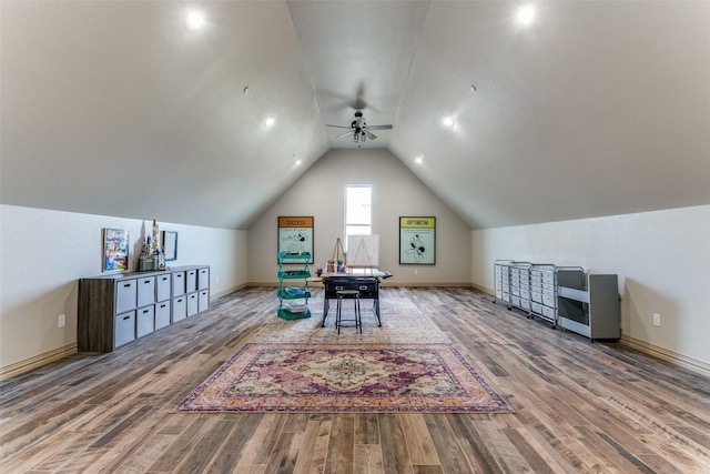 game room with vaulted ceiling, wood finished floors, and baseboards