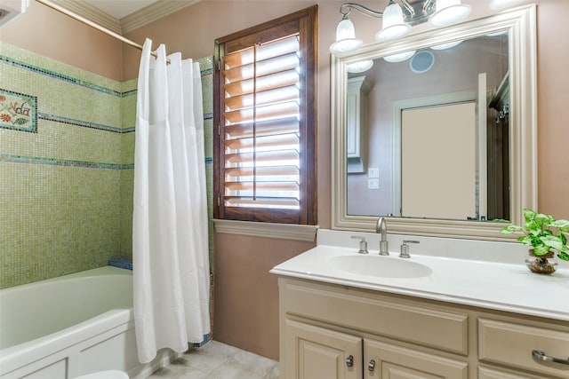 bathroom with tile patterned floors, shower / bath combination with curtain, vanity, and crown molding