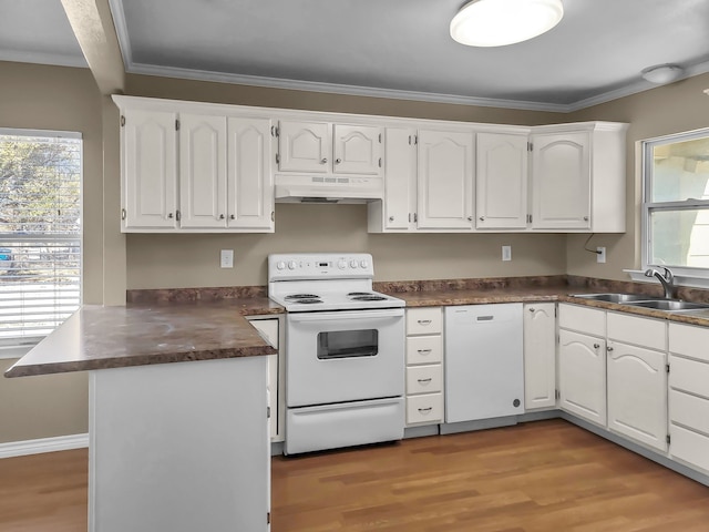 kitchen featuring under cabinet range hood, a peninsula, white appliances, a sink, and ornamental molding