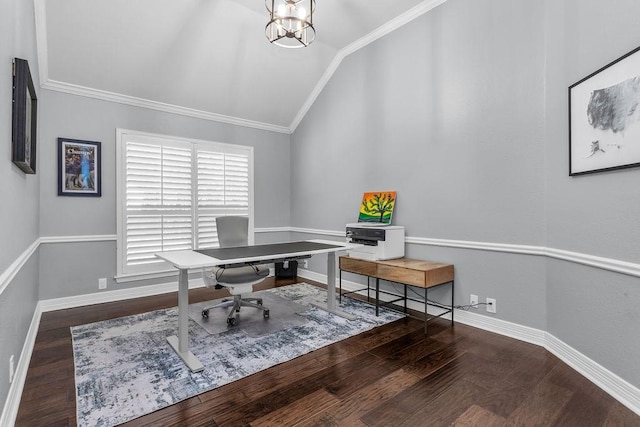 home office featuring lofted ceiling, crown molding, baseboards, and wood finished floors