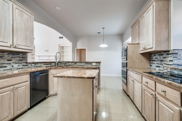 kitchen featuring black appliances, light brown cabinetry, and light tile patterned flooring