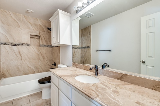 bathroom featuring shower / bath combination, visible vents, toilet, vanity, and tile patterned floors