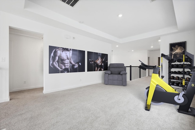 rec room featuring baseboards, visible vents, a raised ceiling, carpet flooring, and recessed lighting