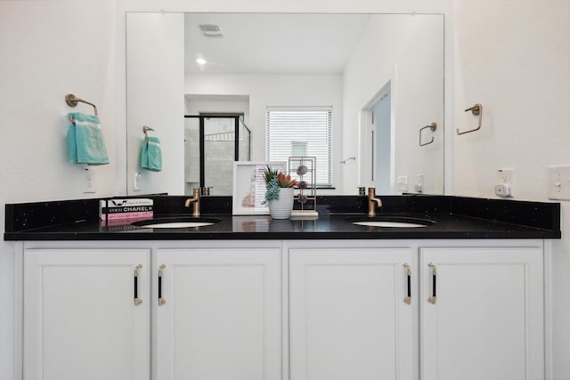 bathroom featuring double vanity, a stall shower, and a sink