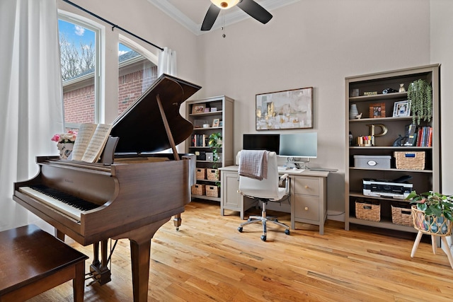 office with light wood-style flooring, a ceiling fan, and crown molding