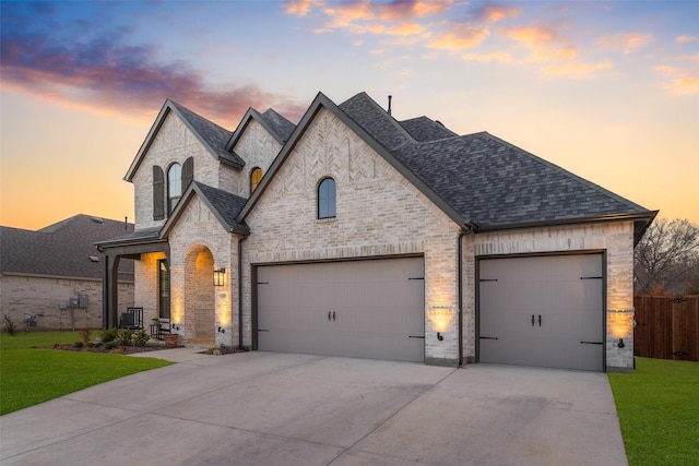 french country inspired facade featuring a garage, a shingled roof, brick siding, driveway, and a front yard