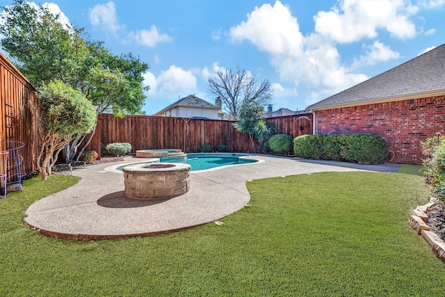 view of swimming pool featuring a yard, a patio, a fenced backyard, and a fenced in pool