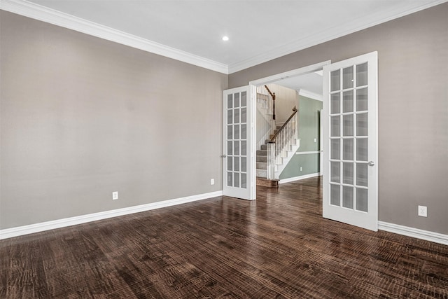 unfurnished room with recessed lighting, baseboards, french doors, stairway, and crown molding