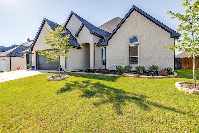 french provincial home with stucco siding, concrete driveway, an attached garage, a front yard, and fence