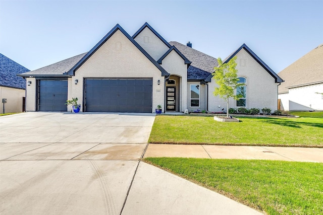 french country home featuring concrete driveway, an attached garage, and a front lawn