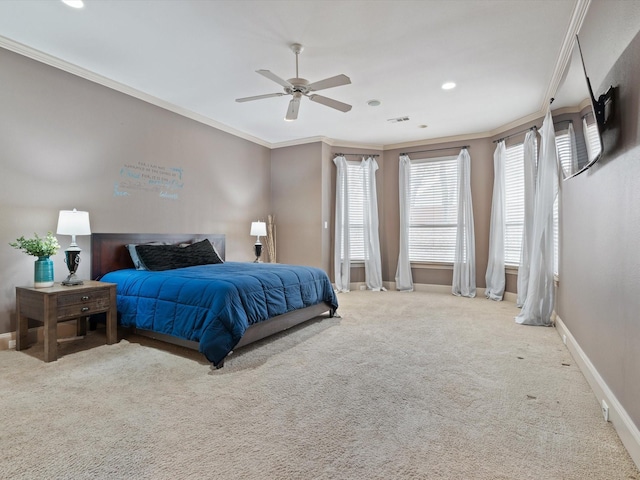 carpeted bedroom featuring recessed lighting, visible vents, ornamental molding, a ceiling fan, and baseboards