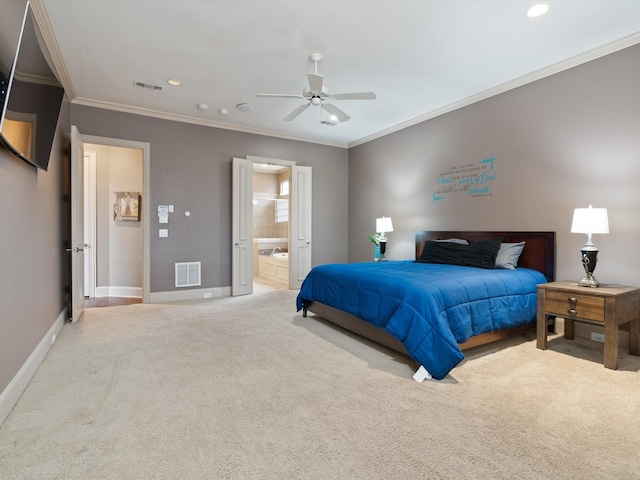 bedroom with light carpet, visible vents, and baseboards