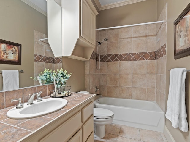 full bathroom with tub / shower combination, vanity, toilet, and crown molding