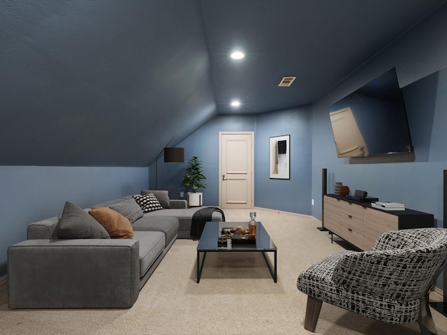 living room with carpet, visible vents, vaulted ceiling, and recessed lighting