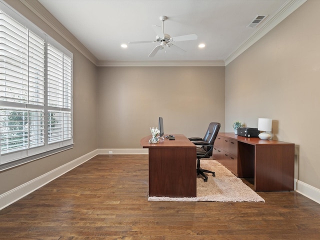 office with dark wood-style flooring, visible vents, crown molding, and baseboards