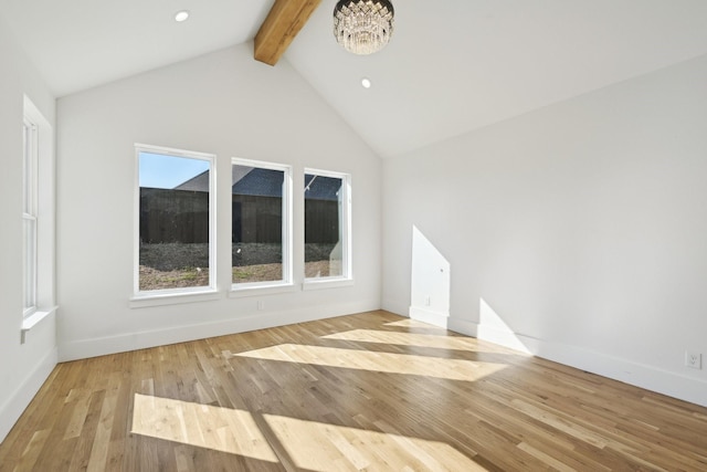 interior space with baseboards, wood finished floors, high vaulted ceiling, beam ceiling, and recessed lighting