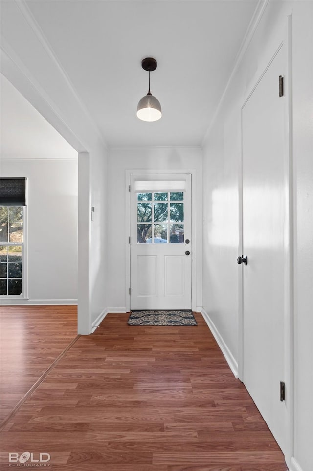 doorway to outside featuring ornamental molding, baseboards, and wood finished floors