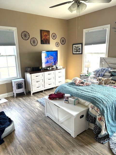 bedroom featuring multiple windows, ceiling fan, and wood finished floors