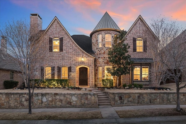 view of front of property with a standing seam roof, metal roof, and brick siding