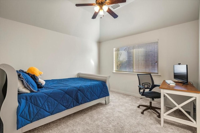 bedroom featuring visible vents, baseboards, lofted ceiling, ceiling fan, and carpet flooring