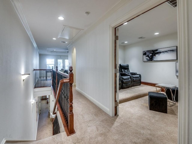4520 Gilbert Ave, Dallas, TX 75219 - carpeted living area with a raised ceiling, ornamental molding, ceiling fan, recessed lighting, and french doors