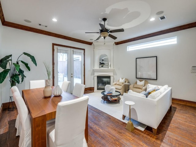 4520 Gilbert Ave, Dallas, TX 75219 - living room with ornamental molding, ceiling fan, light wood-style flooring, a fireplace with flush hearth, and recessed lighting