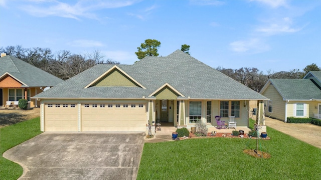 view of front of property featuring an attached garage, a shingled roof, concrete driveway, and a front yard