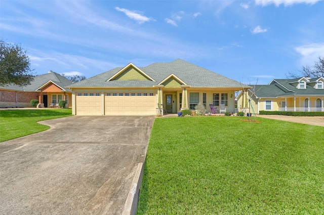 view of front facade with a shingled roof, a porch, concrete driveway, an attached garage, and a front lawn