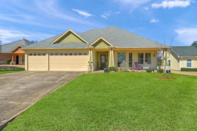 ranch-style home featuring driveway, a garage, a front lawn, and roof with shingles