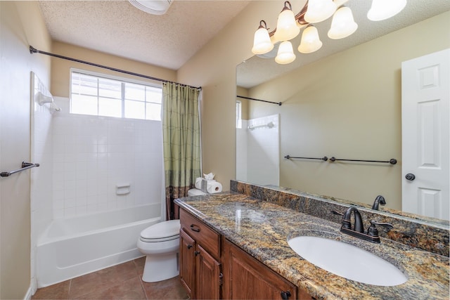 bathroom with a textured ceiling, tile patterned flooring, toilet, shower / tub combo, and vanity