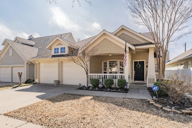 view of front of home featuring driveway, a garage, a porch, and roof with shingles