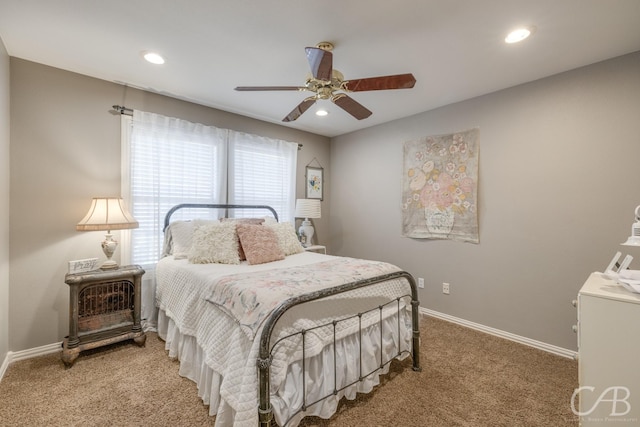 carpeted bedroom with baseboards, a ceiling fan, and recessed lighting