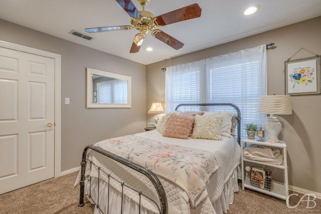 bedroom featuring baseboards, visible vents, ceiling fan, carpet flooring, and recessed lighting