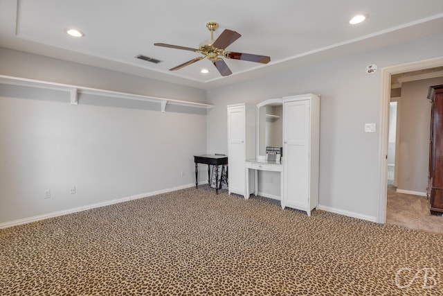 unfurnished bedroom with ceiling fan, recessed lighting, carpet floors, visible vents, and baseboards