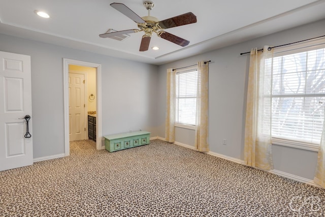 empty room with a ceiling fan, recessed lighting, light carpet, and baseboards