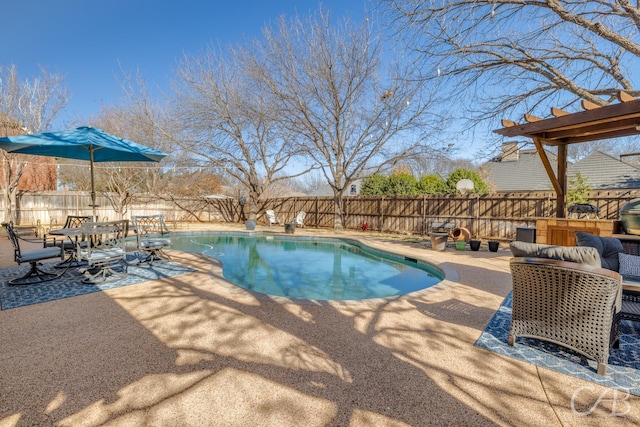 view of pool featuring a fenced in pool, outdoor dining space, a patio area, and a fenced backyard