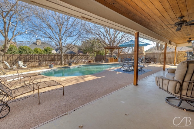 view of swimming pool with ceiling fan, a patio, a fenced backyard, and a fenced in pool