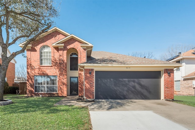 traditional home with a garage, driveway, brick siding, and a front lawn