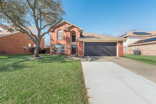 view of front facade with an attached garage, a front lawn, concrete driveway, and brick siding