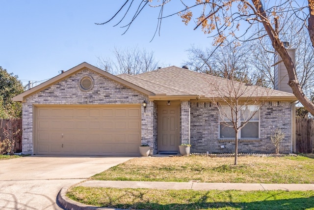 single story home featuring roof with shingles, a chimney, an attached garage, fence, and driveway