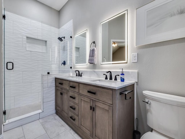 full bathroom featuring toilet, a shower stall, and a sink