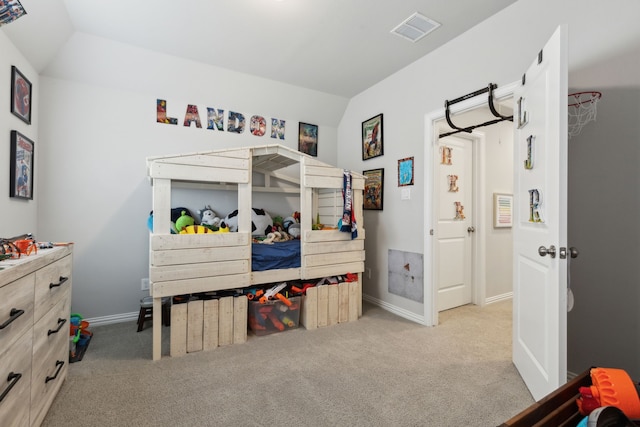 1600 Pebblebrook Ln, Prosper, TX 75078 - bedroom with baseboards, vaulted ceiling, carpet, and visible vents