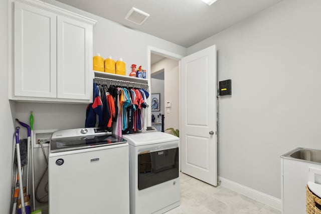1600 Pebblebrook Ln, Prosper, TX 75078 - laundry area with visible vents, independent washer and dryer, baseboards, and cabinet space