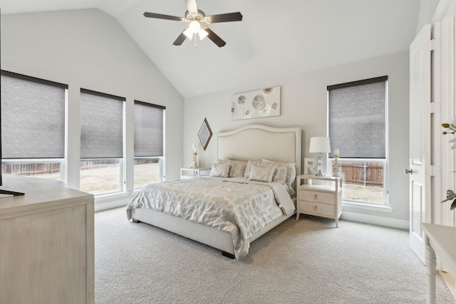 1600 Pebblebrook Ln, Prosper, TX 75078 - bedroom with high vaulted ceiling, carpet flooring, and a ceiling fan