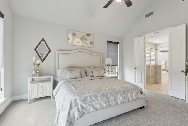 1600 Pebblebrook Ln, Prosper, TX 75078 - bedroom with high vaulted ceiling, ensuite bathroom, a ceiling fan, visible vents, and light carpet